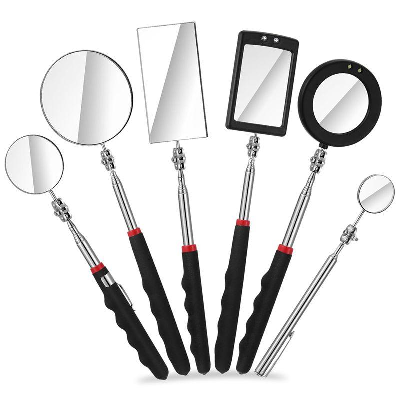A84E-6Pcs LED Telescoping Inspection Mirror,Retractable LED Mechanical Mirror Tool,Retractable Under Vehicle Detection Mirror