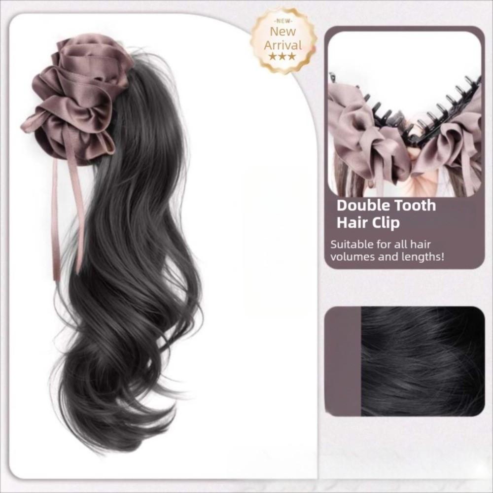 Synthetic Ribbon Banana Clip Ponytail Pleated Bow Pony Tail Hair piece  for Women