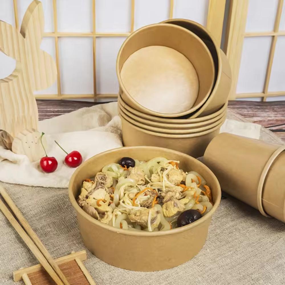 50pcs Kraft Paper Fast Food Package Box Round Rice Bowl Commercial Disposable Salad Bowl Soup