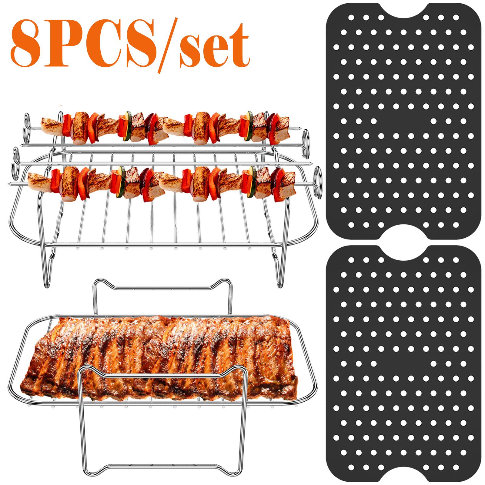 

8Pcs Multifunctional Roasting Rack with 2 Silicone Mat 2 Stainless Steel Air Fryer Rack with 4 Skewers for Air Fryer BBQ Tools