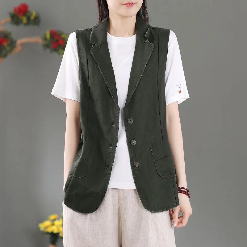 Solid Color Cotton Vest Women's Spring and Autumn Vest Lapel Pocket Waistcoat Waistcoat Outer Thin Section