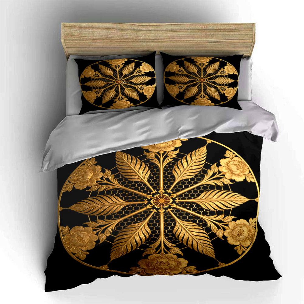 Golden Floral Decorative Three-Piece Soft Comfortable Duvet Cover Bedding Set Included 1*Duvet Cover & 2*Pillowcases, Gift