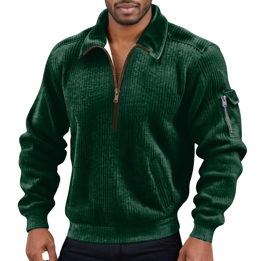 Men's Color Corduroy Zipper Neck Long Sleeve Top Men's Casual Lapel Top