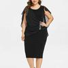 O-Neck Short Sleeve Chiffon Shawl Pleated Decor Women Dress Solid Color Plus