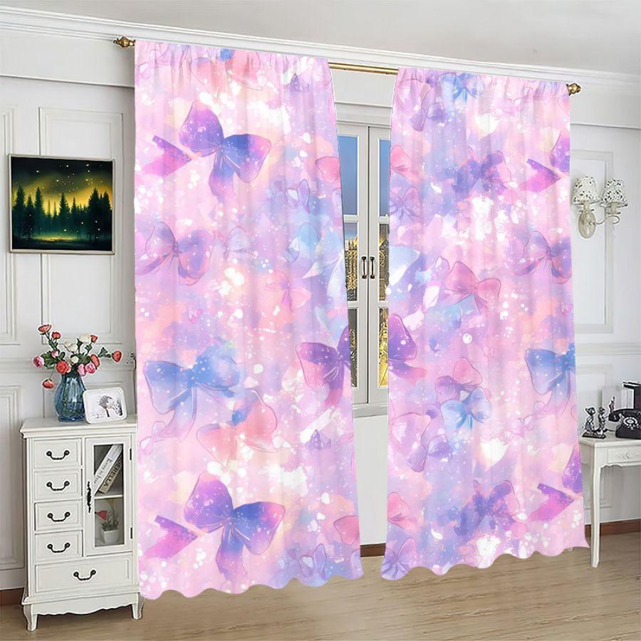 2 Pcs Purple Bow Printed Curtains, Pole Bag Curtains, Bedroom and Living Room, Home Decoration, Room Decoration