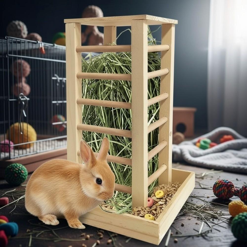 Detachable Rabbit Hay Manger Wooden Guinea Pig Feeder Pet Grass Rack Hay Feeder  Cage Accessories