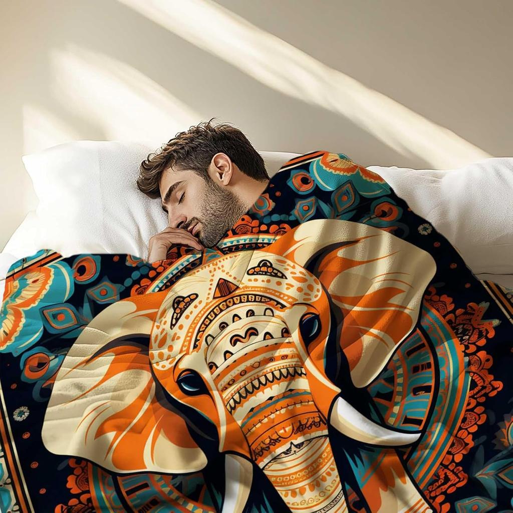 VIKAMA Indian Ethnic Pattern Elephant Fleece Blanket for Boho Apartment Bohemian Room Decor,Couch Cover Birthday Present
