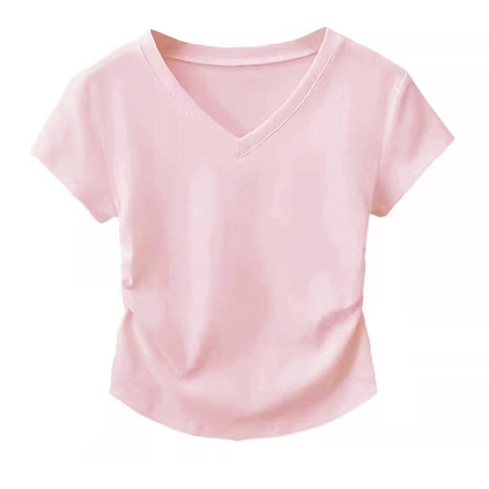 Women Cotton V-neck Short Sleeve T-shirt Slim Fitted Pleated Design Cropped Top Summer
