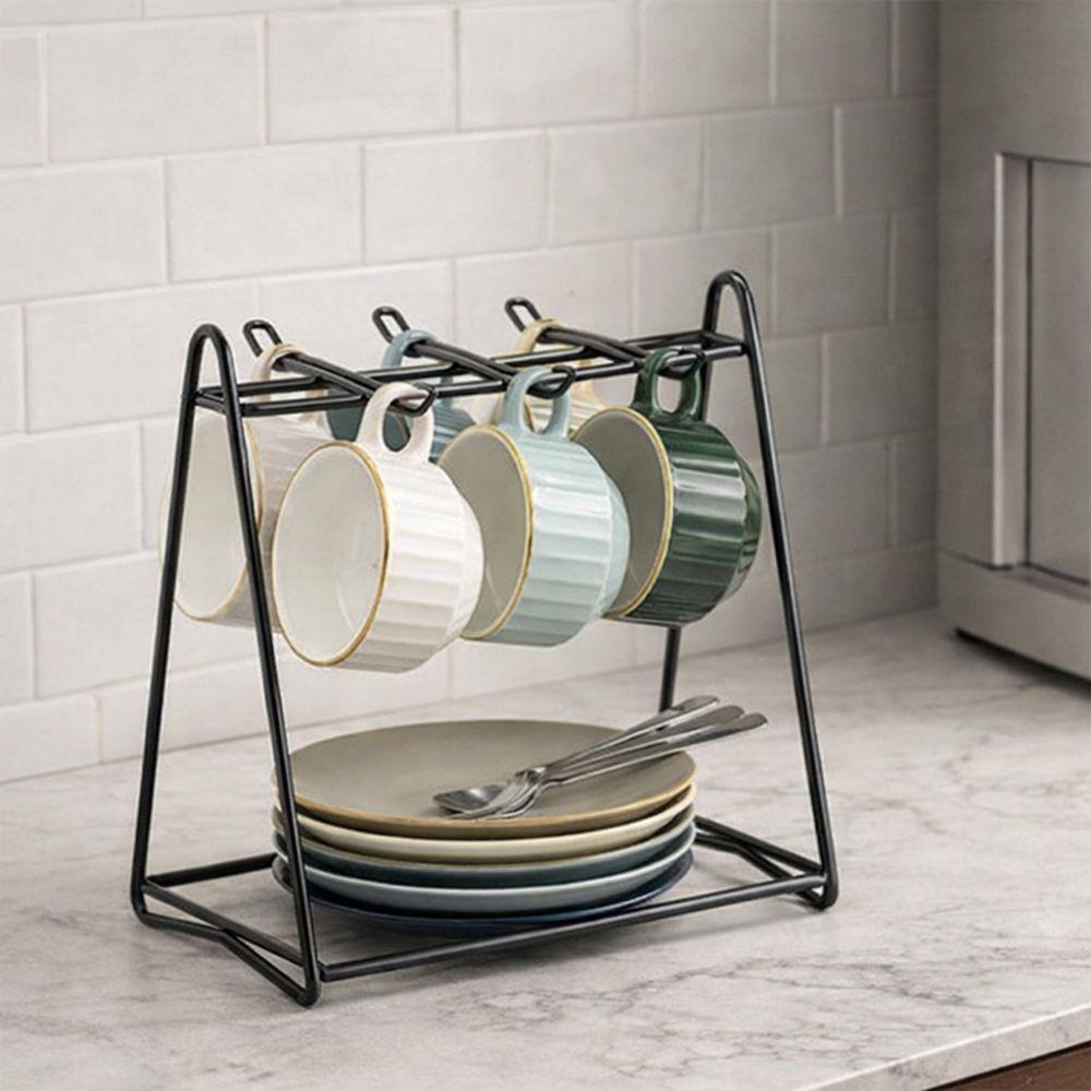Sturdy Iron Vertical Coffee Cup Rack 6 Cups Vertical Coffee Cup Holder Space Saving Hanging Cup Storage Rack Kitchen