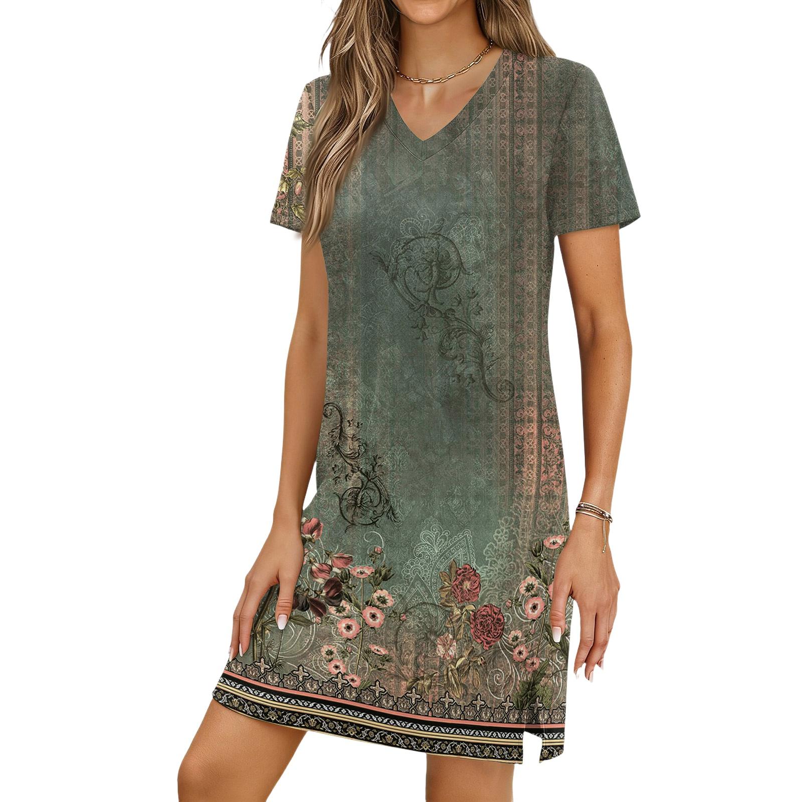 Women s Casual V-neck Short Sleeve Split Hem Vintage Printed Dress XL