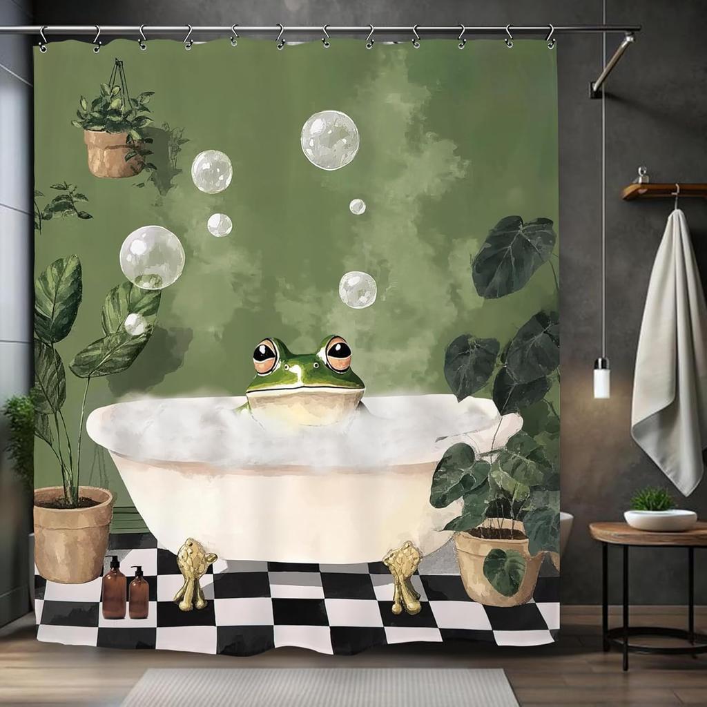Funny Frog Cute Shower Curtain Animal Hilarious Green Plant Vintage Bathroom Set Accessories Decor with 12 Pack Hooks