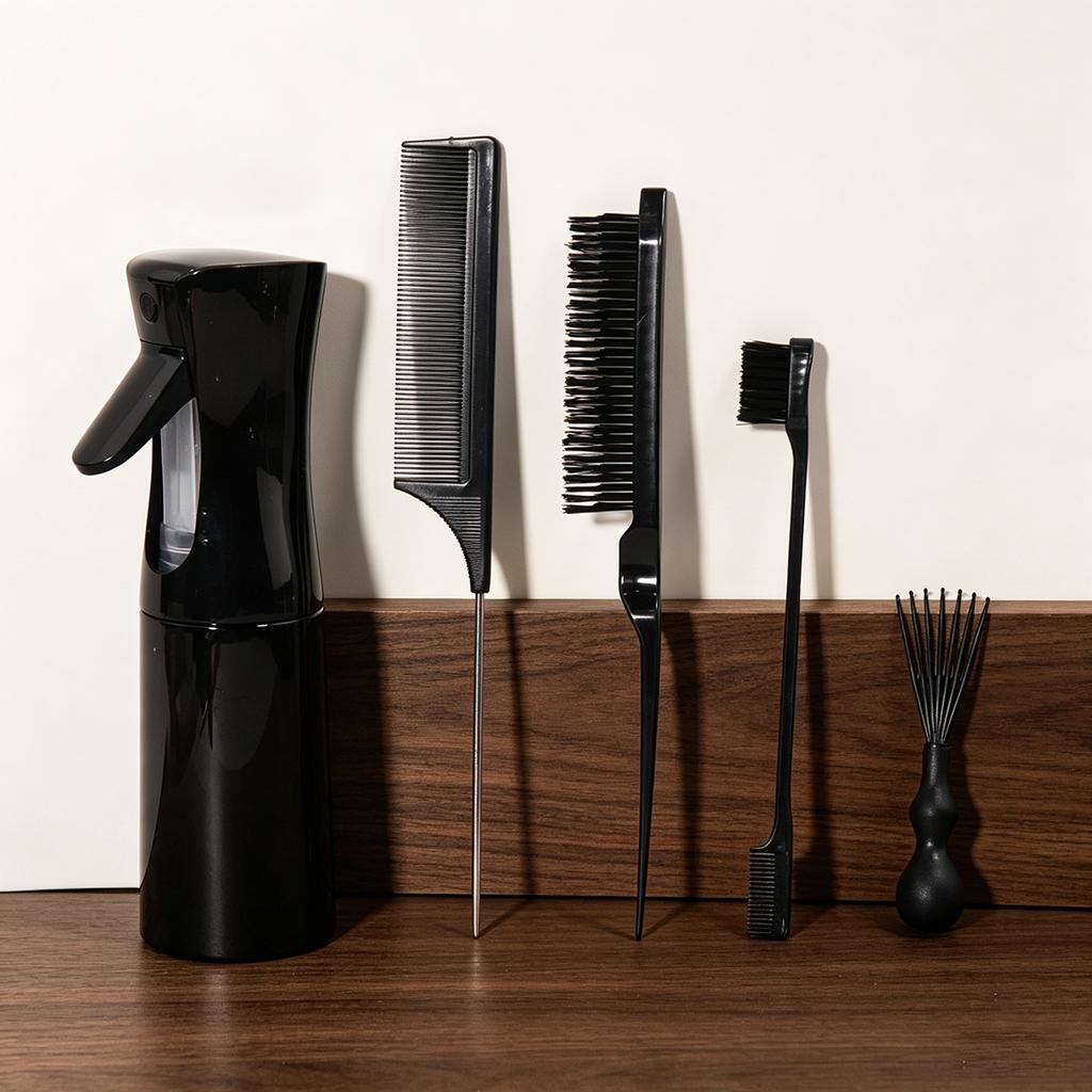 5Pcs Hair Styling Set Continuous Spray Bottle Rat Tail Comb Edge Control Brush with Comb Cleaning Hook for All Hair Types