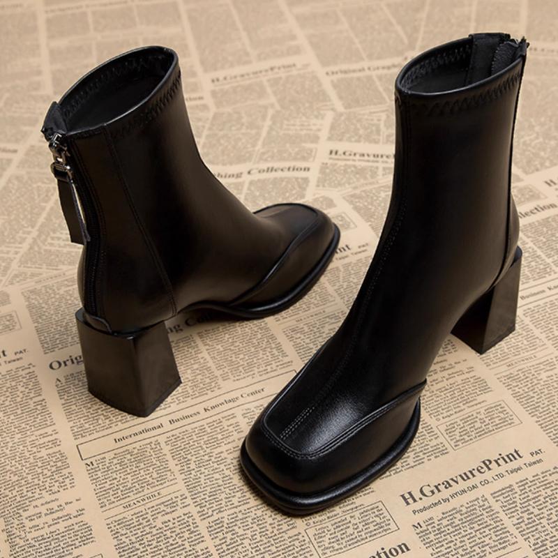 2025 New Vintage Thick Heel Women Ankle Boots Back Zippers Autumn Winter Shoes Ladies Elegant Square Toe Short Boots