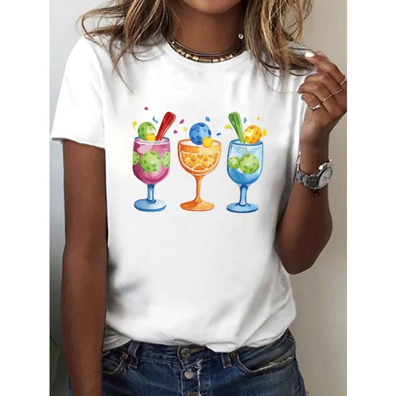 Pickleball Themed Cocktails Illustration Print T-shirt, Short Sleeve Crew Neck Casual Top for Summer & Spring, Women's Clothing