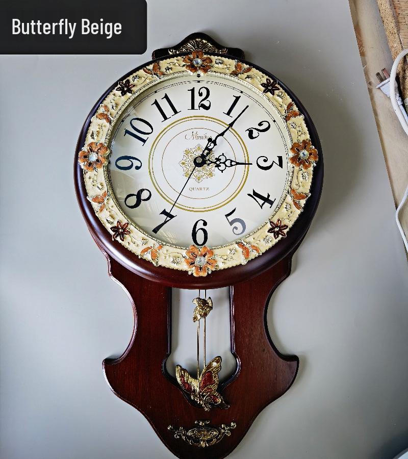 Antique European Style Solid Wood Silent Quartz Wall Clock for Living Room or Bedroom