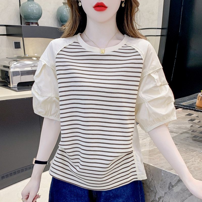 Women's Summer Short-Sleeve T-Shirt 2026 New Design for Petite Figures, Unique Striped Patchwork Shirt-Style T-Shirt, Stylish Top