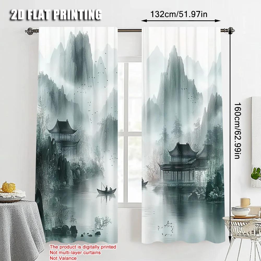 2pcs   Pattern Curtains  print Chinese Ink Landscape 100% Polyester (without rod) Home Decor Use for Living Room   Semi-Sheer