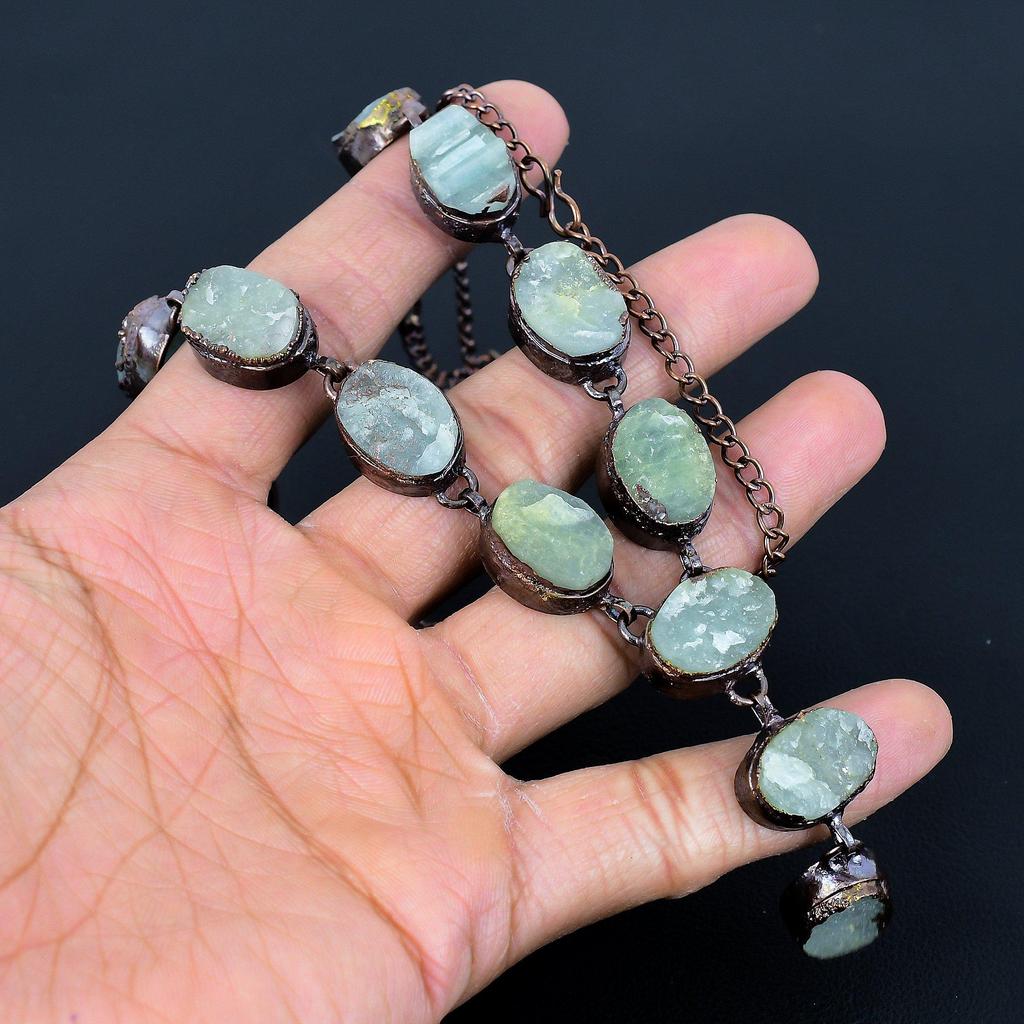 Aquamarine Necklace Handmade Jewelry, Copper Electroformed Necklace Designer Gemstone Jewelry Adjustable Chain Necklace