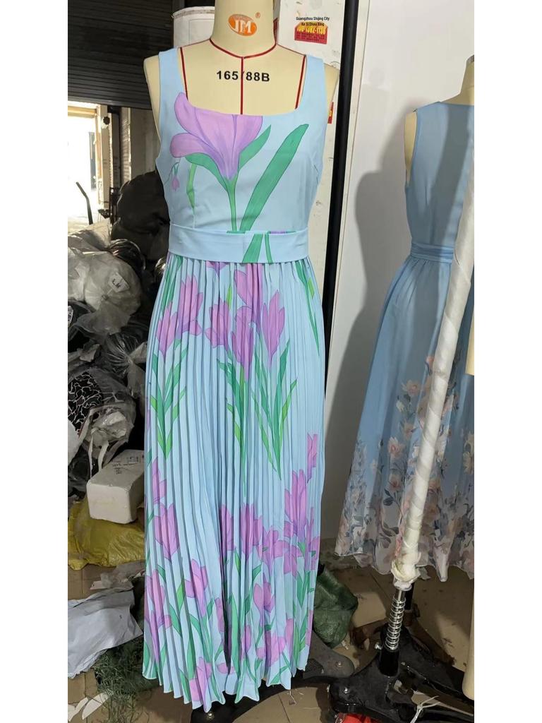 European & American Women's Spaghetti Strap Floral Maxi Dress with Digital Print