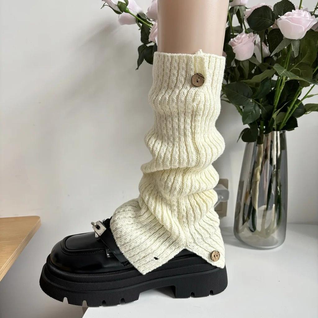 Herbst Winter Einfarbig Schneestiefel Knopf Stulpen Vintage Amerikanische Slouchy Stulpen Gestrickt Offen JK Patchwork Halbhohe Socken