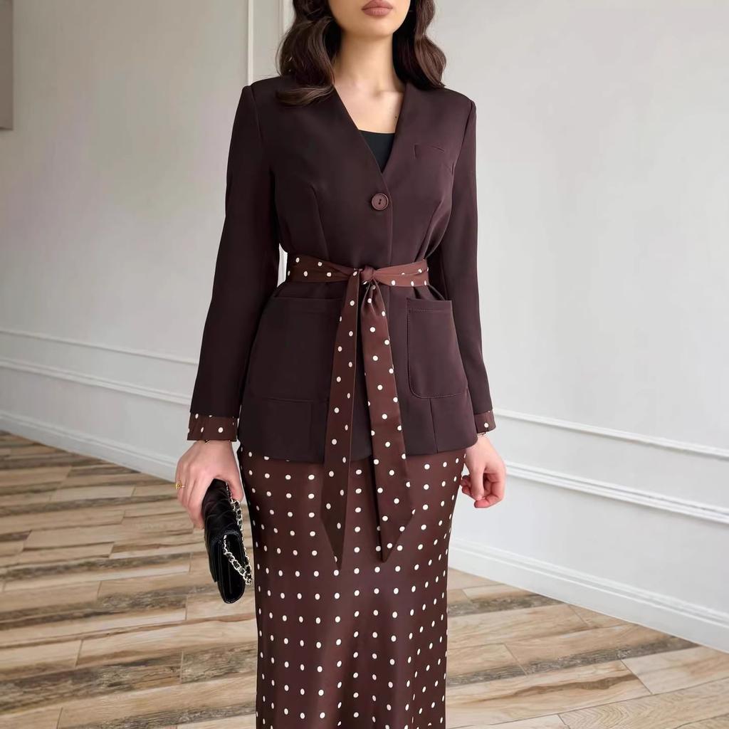 Cross-border European and American Women's Clothing  Amazon Sexy Lace-up Casual V-neck Jacket Fashion Polka Dot Skirt