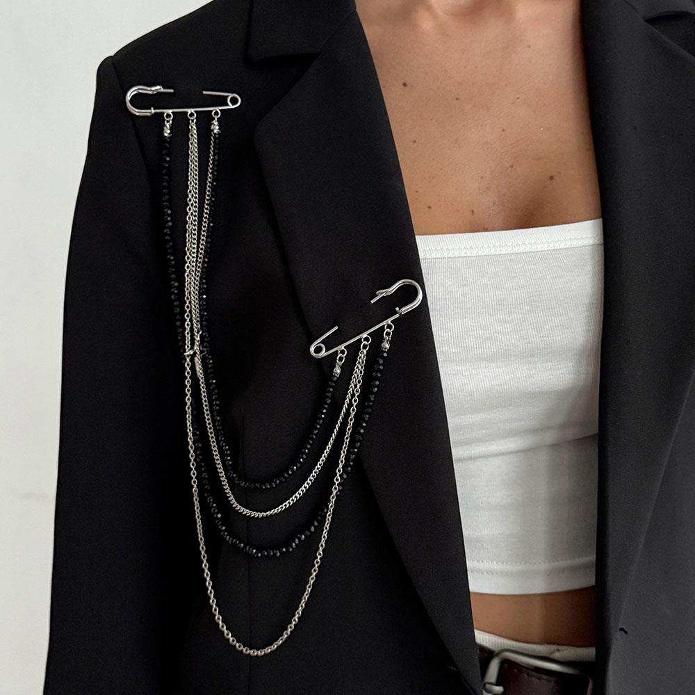 Korean Style Punk Hip-hop Star Black Imitation Crystal Beads Chain For Women Multi-layer Tassel Pin Brooches Jewelry Accessories