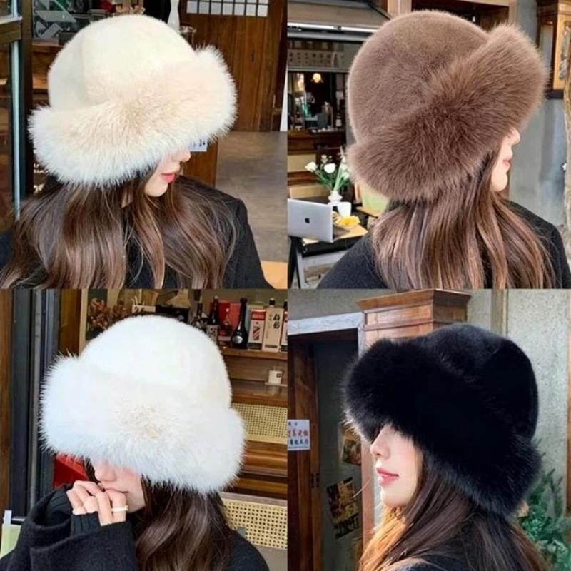 Warm Women'S Winter Hat Fluffy Fur Bucket Hat For Women Plush Fisherman Hat Thicken Cold Snowy Day Mongolian Hat