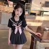 Girls' Academy Style Sailor Suit: Navy Collar Bow Shirt & Skirt Set