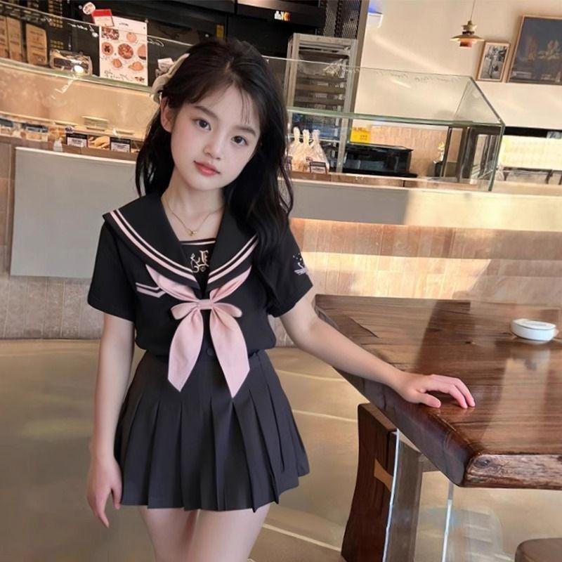 Girls' Academy Style Sailor Suit: Navy Collar Bow Shirt & Skirt Set