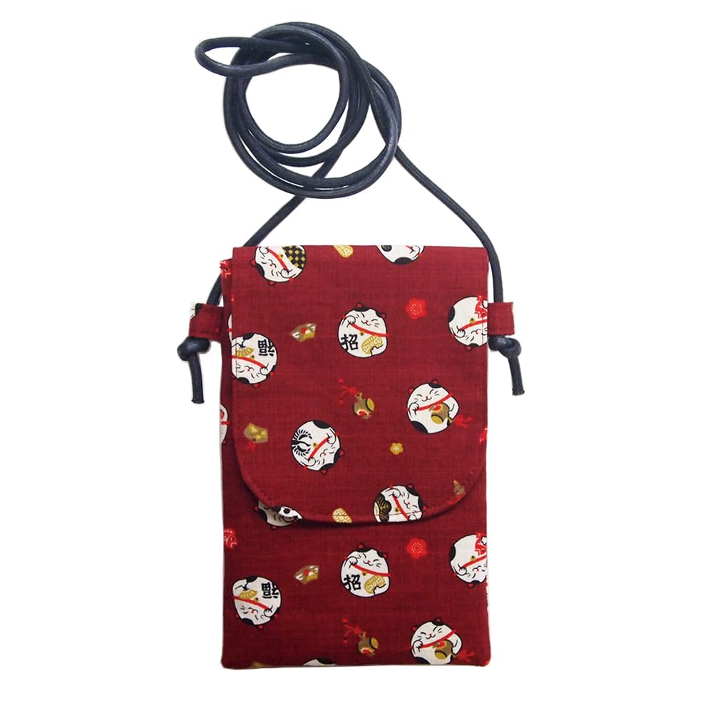 

Kyosuke Made in Japan Smartphone Shoulder with Smartphone Fukumaru Cat Red Bag, Lightweight, Cotton, Lid, Pochette, Design,