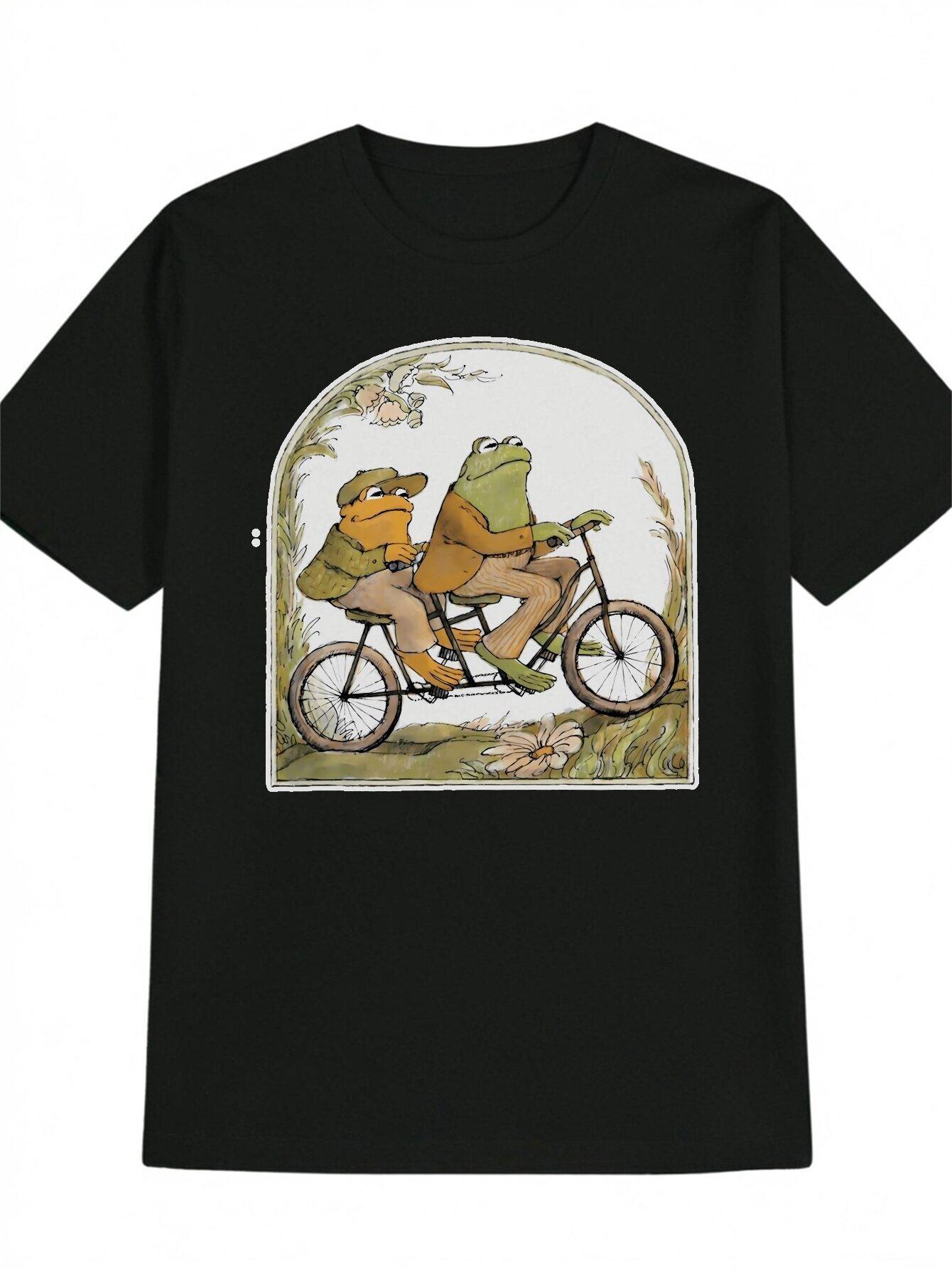 Humorous Vintage-Inspired Black T-shirt - Funny Frog Duo on Bicycle Graphic XL