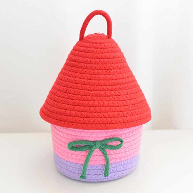 House Shape Cotton Rope Woven Storage Basket with Lid Large Capacity  Cute Bedroom Storage Basket Dustproof Cosmetics Storage