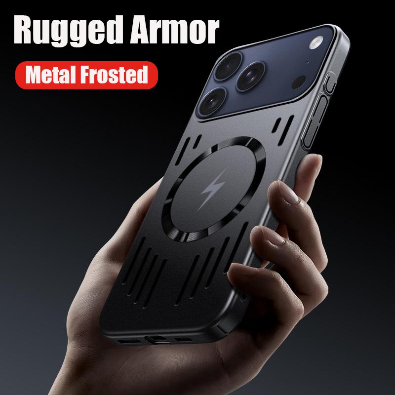 Rugged Metal Frosted Hollow Case For iPhone 17 Air 16 15 14 13 12 Pro Max 17Pro For Magsafe Wireless Charge Cooling Armor Funda