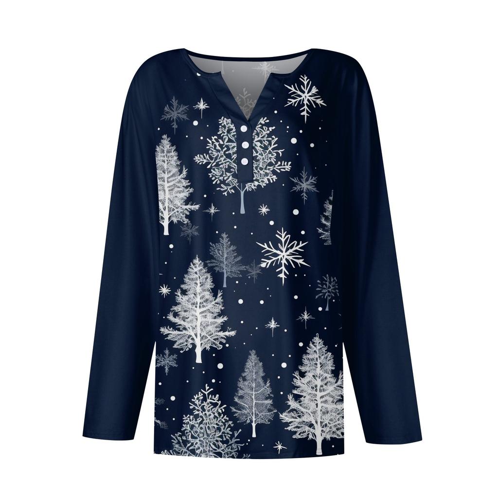 Women's Fashion Casual Christmas Print V-Neck Raglan Sleeves With Decorative Buttons Long Sleeved T-Shirt Top