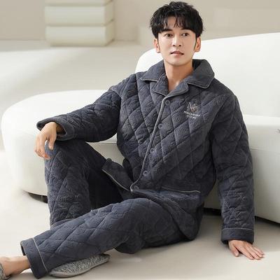 Ανδρικές Πιτζάμες από Φανέλα Κοραλλιοειδούς Φλις με Καπιτονέ Επένδυση - Χοντρή, Ζεστή Χειμερινή Βαμβακερή Ζακέτα για το Σπίτι