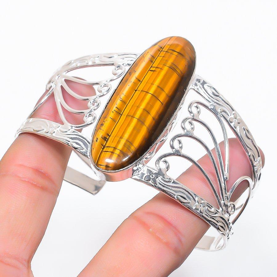 Natural Tiger Eye Gemstone 925 Sterling Silver Cuff Bangle Adjustable N9b11