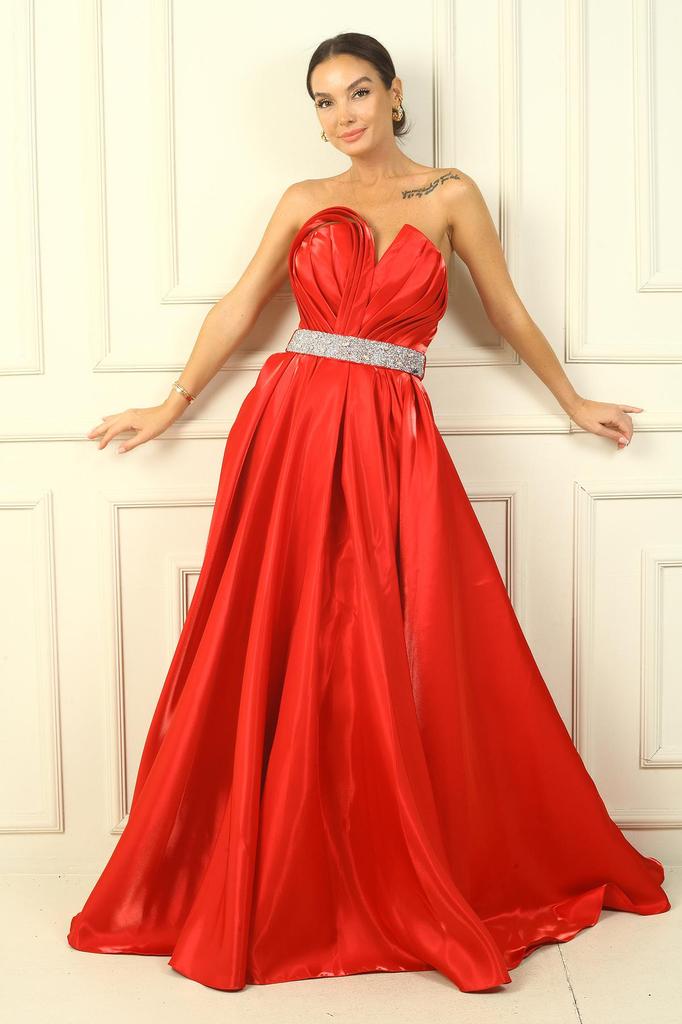 ქალის თასმების გარეშე უკანა მაქმანებიანი ქამარი ქვებიანი ხაზით ნაკეცებიანი ატლასის სრული წრის გაშლილი კაბა