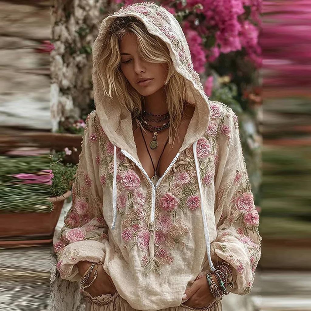 Damenmode Langarm Kapuzenpullover Vintage Blumendruck Lässiges Sweatshirt Oberteil