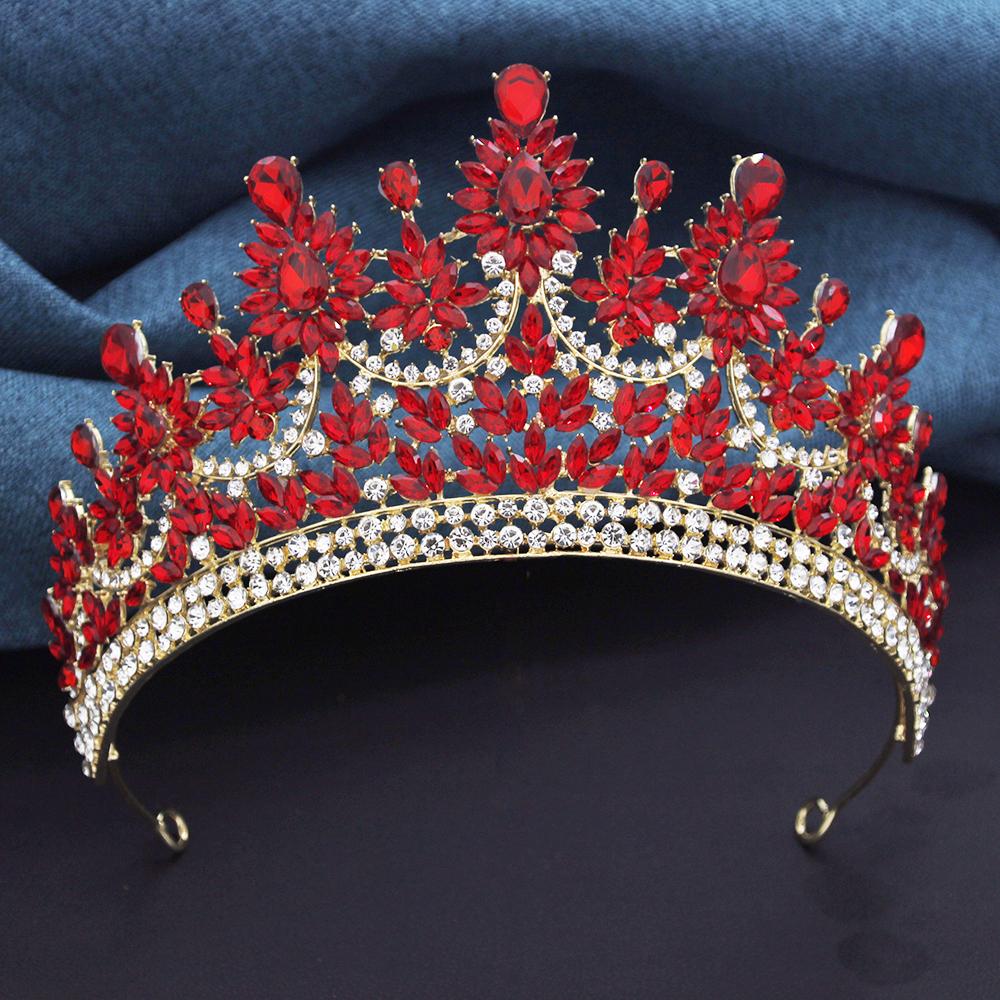 Luxury Rose Red Crystal Tiaras and Crowns for Bride Wedding Crown Headdress Princess Queen Birthday Prom Hair Jewelry Pageant