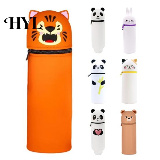 Rotating Pen Holder Pencil Case Desktop Stand Up Cartoon Animal Design School Pouch Silicone Storage Bag for Home Office Supplies Retractable
