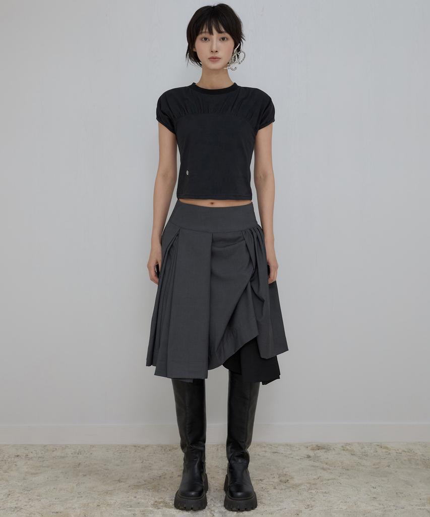 Peulleeoeob Asymmetrical Draped Midi Skirt (Fl-248_Charcoal)
