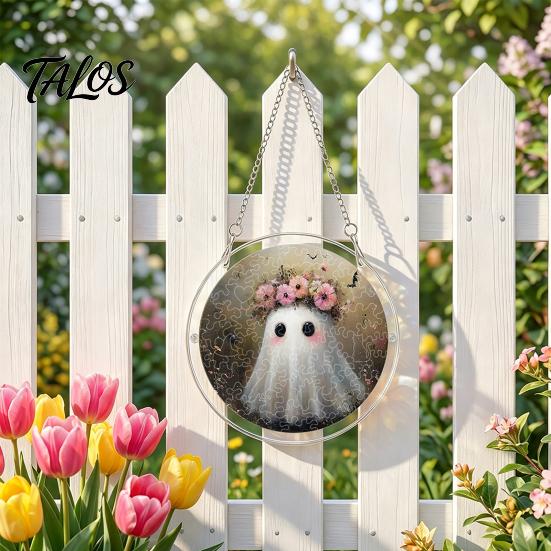 Elegant Halloween Glass Effect Ornament Acrylic Suncatcher Jigsaw Puzzle Set, Spooky Ghost Floral Meadow Window Hanging with Metal Sturdy Frame Decor
