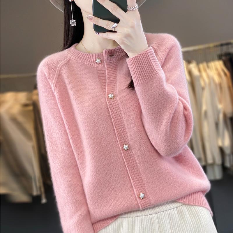 Women's 100% Cashmere Solid Color Cardigan - Round Neck, Long Sleeve (Autumn/Winter 2024)