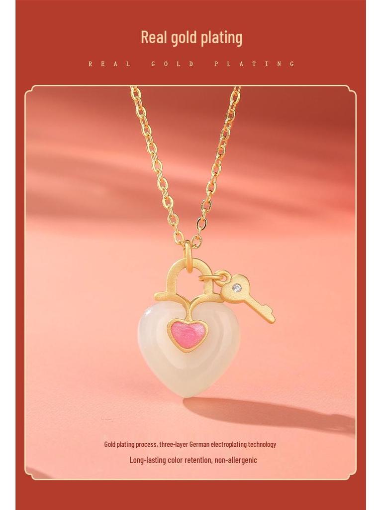 Romantic Heart Enamel Clavicle Necklace in Natural Hetian Jade & S925 Silver