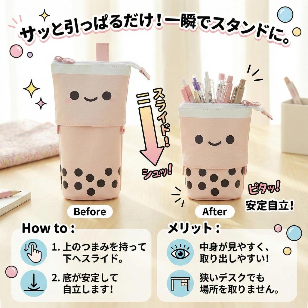 Tapioca Pencil Freestanding Pen Expandable Pen Pen Cute Pencil Pencil Large Small Item Storage Queen-b Case, 2-Way, Stand, Holder, Pouch, Holder,