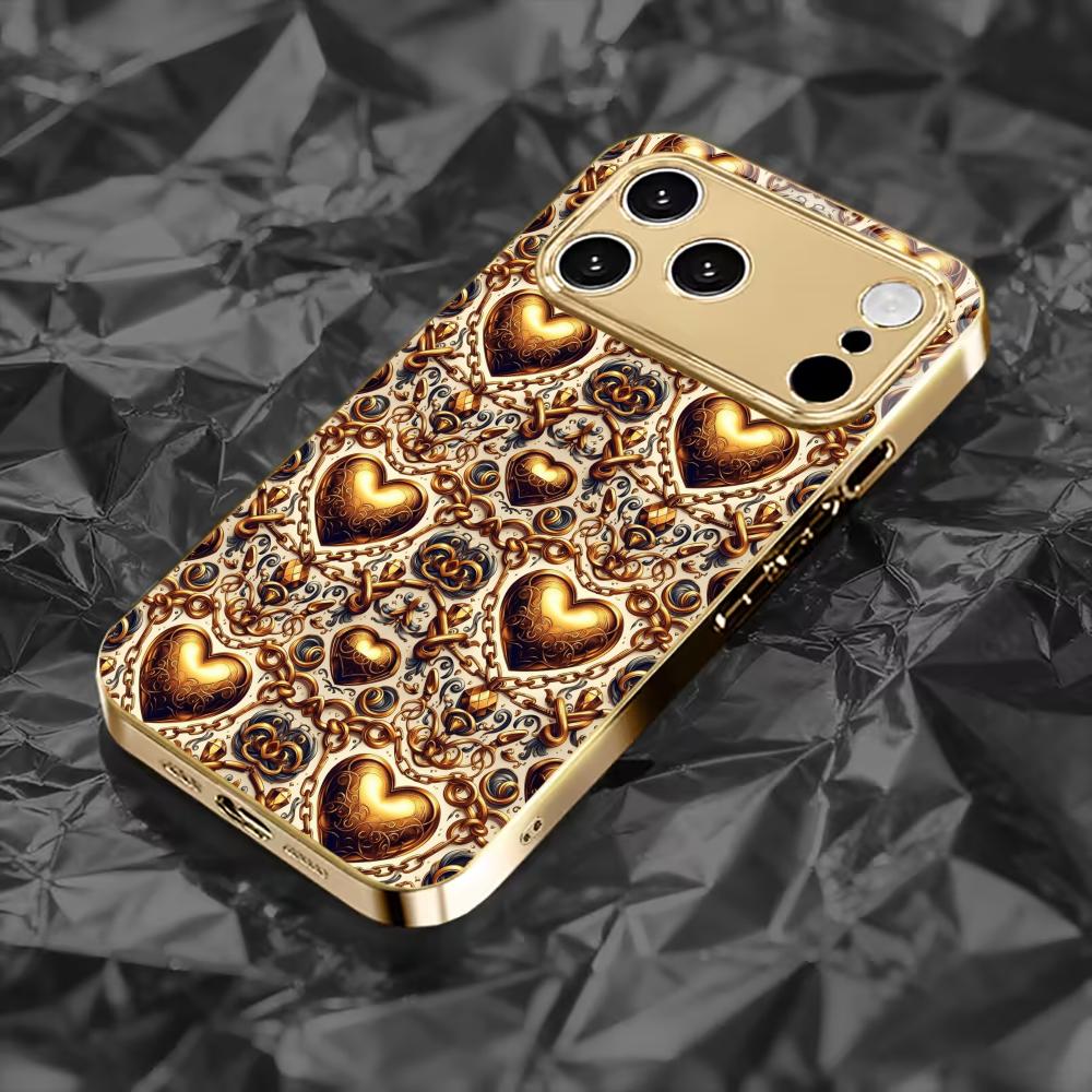 Gold Heart Pattern Prin fashion phone cases phone case fundas carcasa Glass Phone Case for iPhone 17 16 15 14 13 12pm Pro Plus