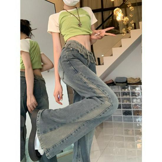 

Spicy Girl Retro Patchwork Petite Women’s Jeans, Slim Fit, Plus Size, Micro Flare, Autumn Collection 4XL синий