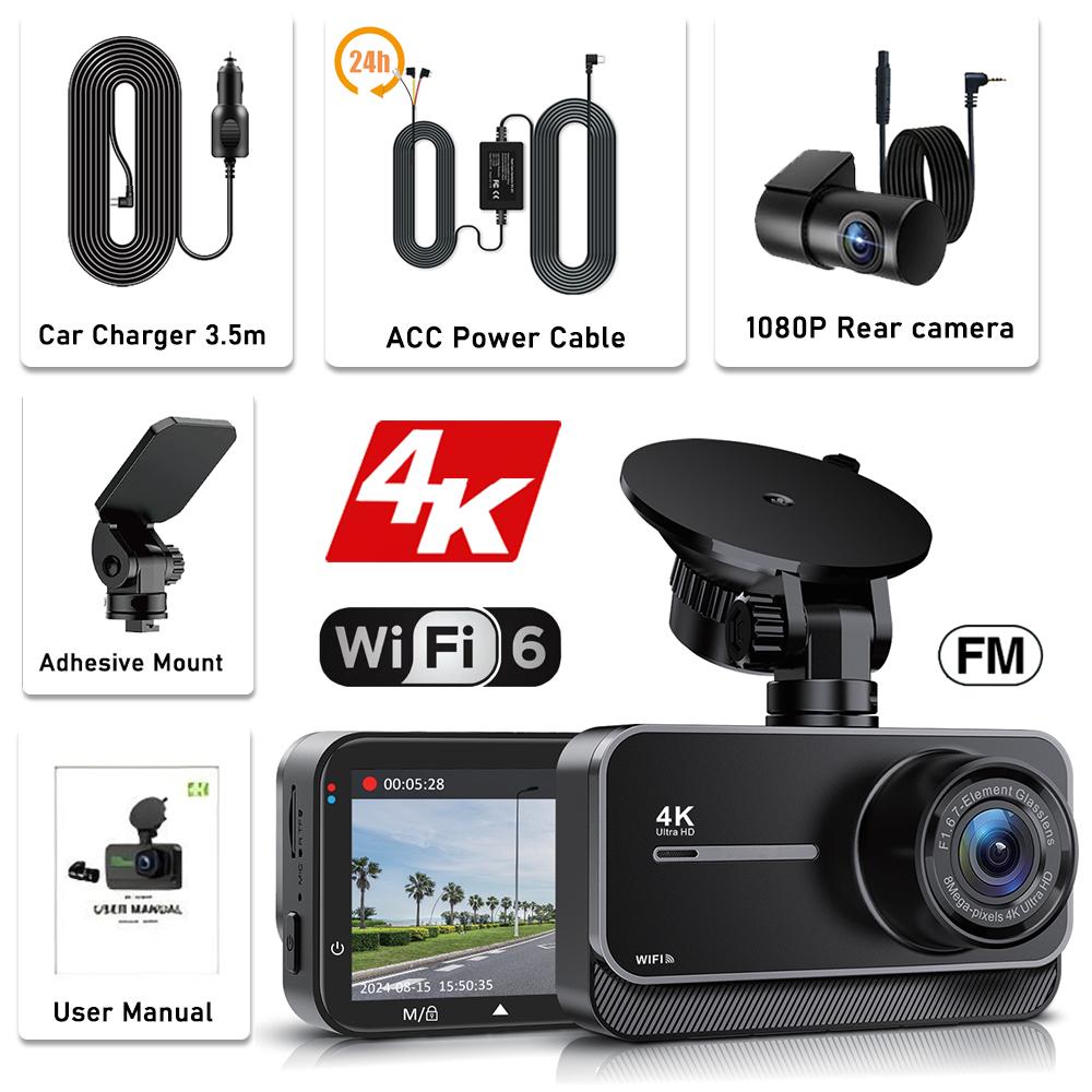 4K Dash Cam for Cars Car Camera Dash Cam WIFI Camera for Car Front and Rear Dash Camera Black Box 24H Parking Mode Recorder
