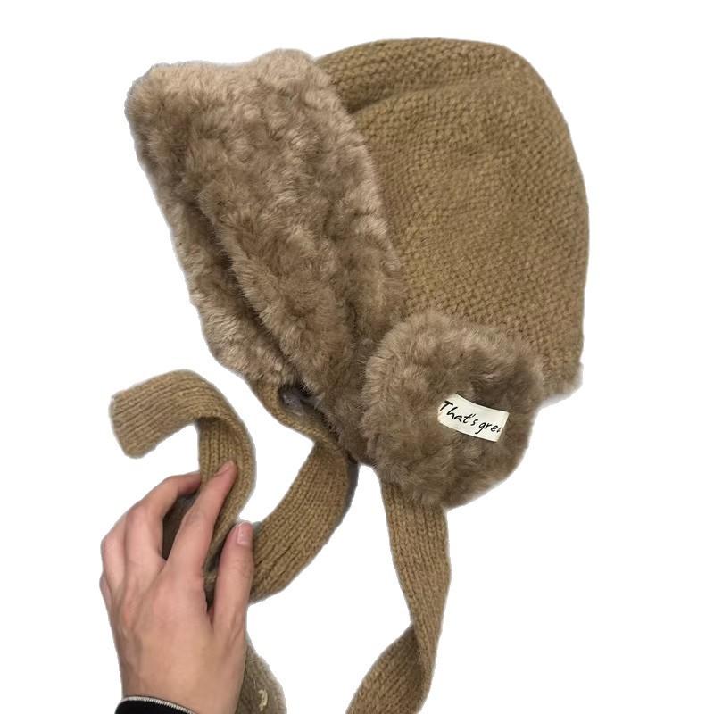 Personalized warm ear protection Lei Feng hat female winter thickened and thin age reducing ear bag knitted hat cute Internet celebrity airplane hat