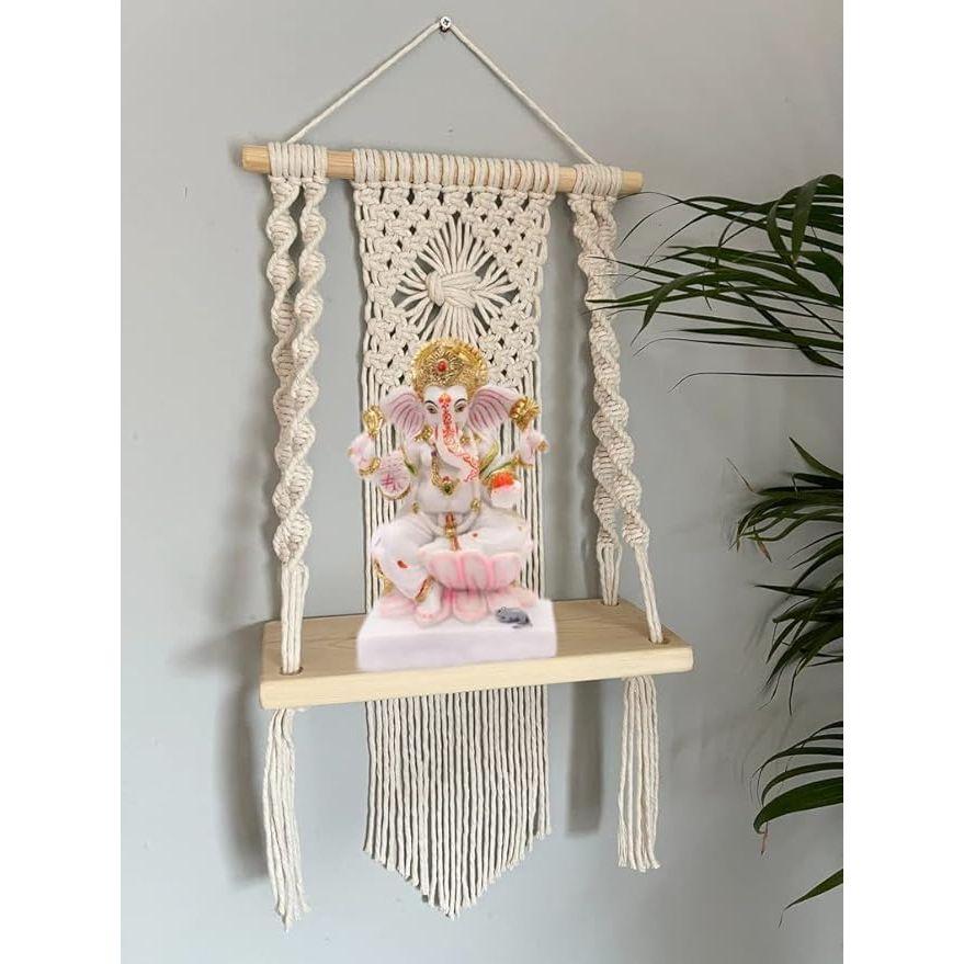 Muizz Macrame Wall Hanging Shelf, Wood & Cotton Rope, Ivory, Handcrafted Home Decor